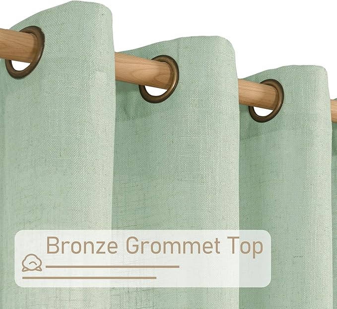 LAMIT Fresh Green Linen Curtains 54 Inch Length 2 Panels, Light Filtering Semi Sheer Panels Bronze Grommet Neutral Drapes for Kitchen/Window/Bedroom, 52 x 54 Inch