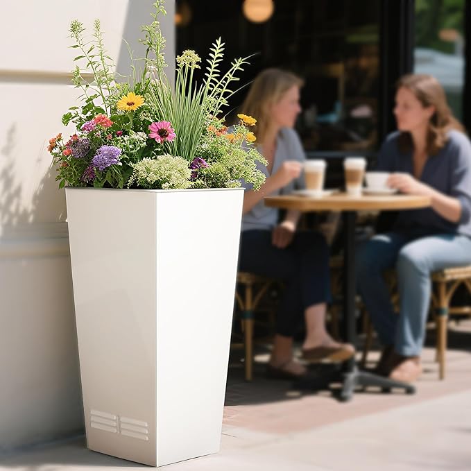 Worth Garden 28" H. Large Metal Glazed Planter Set of 2, Modern Glossy Finish White Tall Square Tapered Steel Flower Plant Pots for Indoor & Outdoor Use - Insert Plate with Drain Holes, Air Vents