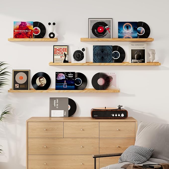 Floating Picture Ledge Shelves 36 Inch Solid Oak Wood Set of 2, Rustic Wall Storage Shelves with Lip, Kids Bookshelf, Photo & Picture Ledge Shelves for Bedroom, Living Room, Kitchen