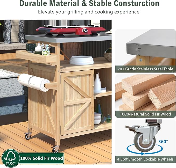 Outdoor Grill Table with Stainless Steel Top, Farmhouse Solid Wood Kitchen Island Cart with Internal Storage Rack, Outdoor Bar Cart with Storage Cabinet, Spice & Towel Rack, Natural