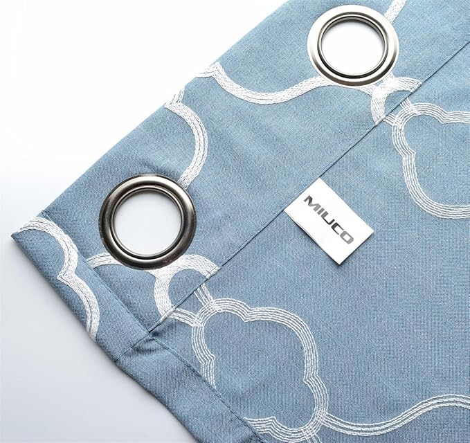 Miuco Moroccan Embroidered Semi Sheer Curtains Faux Linen Grommet Curtain Set for Bedroom 52 x 95 Inch, Dusty Blue