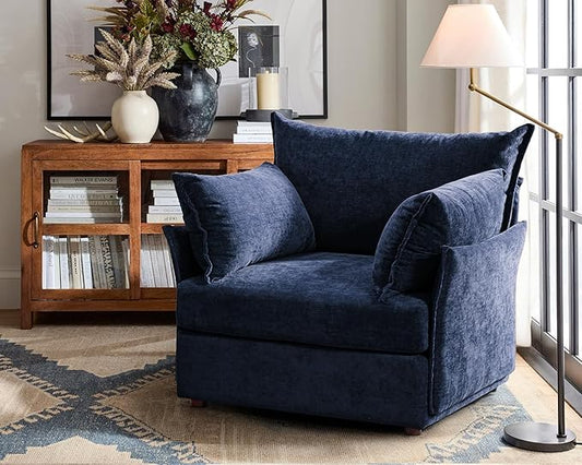 Oversized Accent Chair, Upholstered Modern Sofa Chair with Removable Backrest & Detachable Cover, 24.5" Deep Seat Large Reading Armchair for Living Room Bedroom Office - Chenille Blue Set of 1