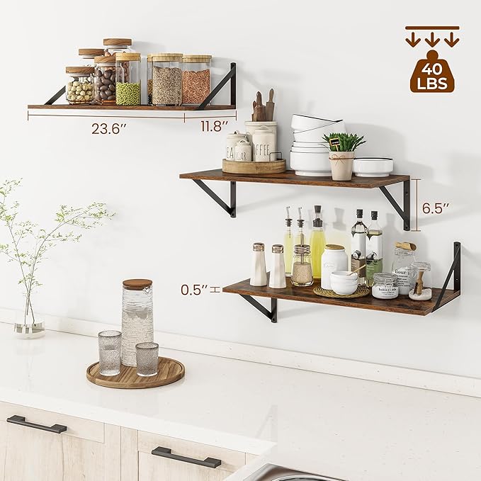 Heimlove 24" W x 12" D Wall Shelves for Books, 12 Inch Deep Floating Shelves Set of 3, Wide Floating Bookshelf with Metal Bracket for Living Room, Kitchen, Office, Bedroom and Decor - Rustic Brown