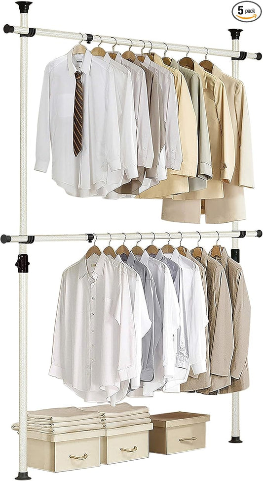 PRINCE HANGER Rack Heavy Duty One Touch System Load 352LBS Clothing Racks for Hanging Clothes Metal Closet Garment Closet system Tension Rod Free Standing Ivory Width Adjustable PHUS-0023