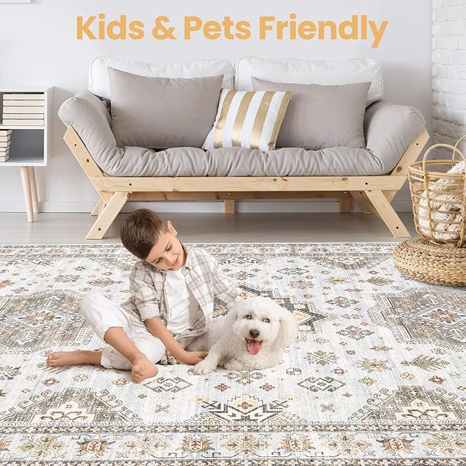 Washable Area Rugs for Living Room -8x10 Neutral Vintage Distressed Floral Farmhouse Boho Large Soft Floor Rug Indoor Non Slip Carpet for Living Room Bedroom Dining Room Office -Blue Brown