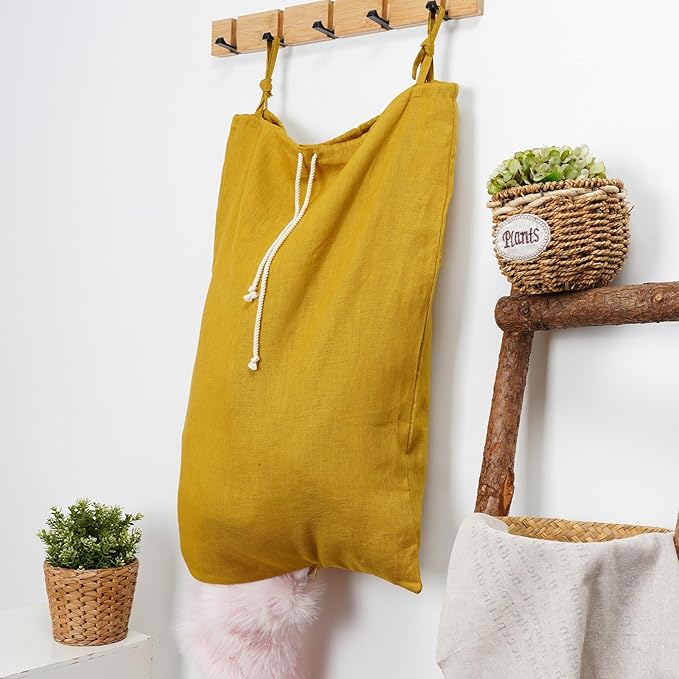 Linen Hanging Laundry Bag, Over The Door Laundry Hamper for Dirty Clothes, Drawstring Closure with Bottom Zipper, Turmeric