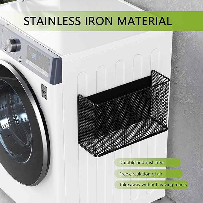 Magnetic Basket Fridge Lint Bin Dryer Ball Holder Laundry Room Organization Home Storage for Class Office School (Mesh，(1-Pack) Black/L)