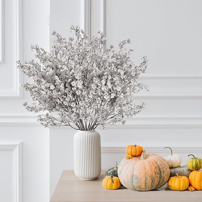 Sggvecsy 15 Pcs Babys Breath Artificial Flowers Gypsophila Bouquets Bulk Real Touch Fake Silk Flowers for Home DIY Floral Arrangement Table Centerpiece Fall Thanksgiving Autumn Decoration (Grey)