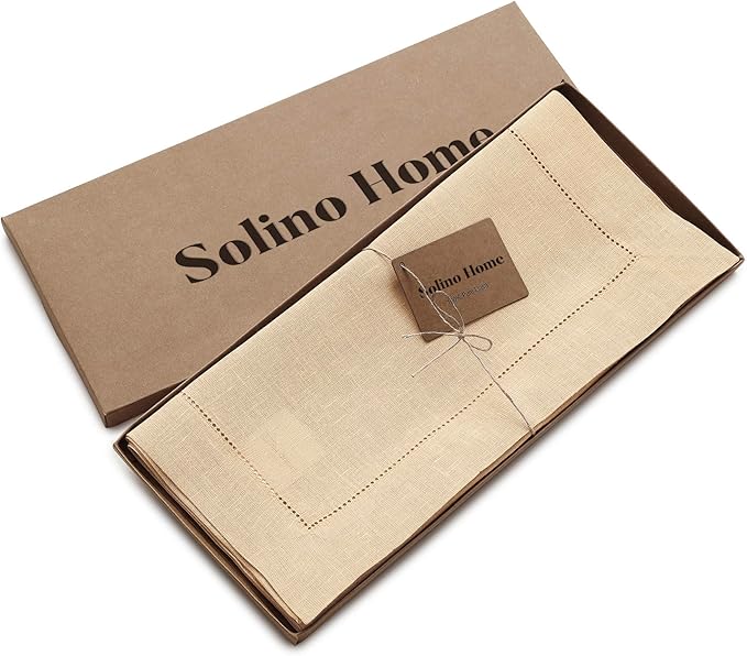 Solino Home Linen Beige Table Runner 108 Inches Long - 100% Pure Linen 14 x 108 Inch Table Runner for Fall, Autumn, Thanksgiving - Classic Hemstitch