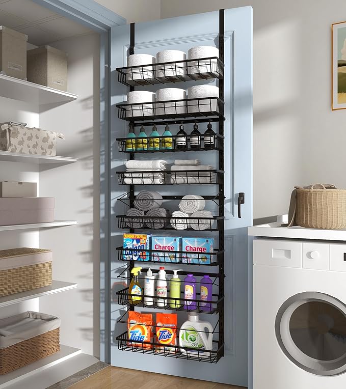 Over The Door Pantry Organizer, Wall Mount Spice Rack, Pantry Hanging Storage and Organization, 8 Adjustable Baskets Heavy-Duty Metal for Home & Kitchen, Back of Door Seasoning Rack - Black