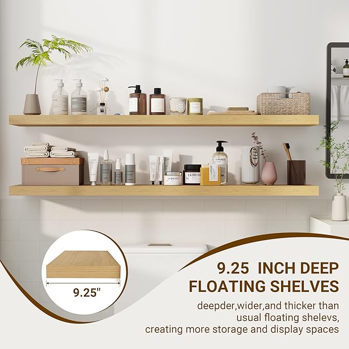 55 Inch Floating Shelves, 3D Textured Wood Grain, 55"x9.25"x1.5" Inch Deep Floating Shelves for Wall, Wooden Shelves for Bathroom, Bedroom, Living Room, Natural