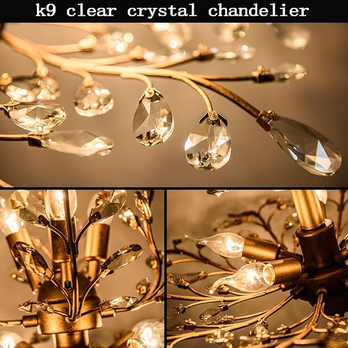 Ganeed Crystal Chandeliers,K9 Crystal Pendant Light with 3-Light Chandelier Lighting Fixtures,Ceiling Light for Living Room Bedroom Restaurant Hallway (Gold)