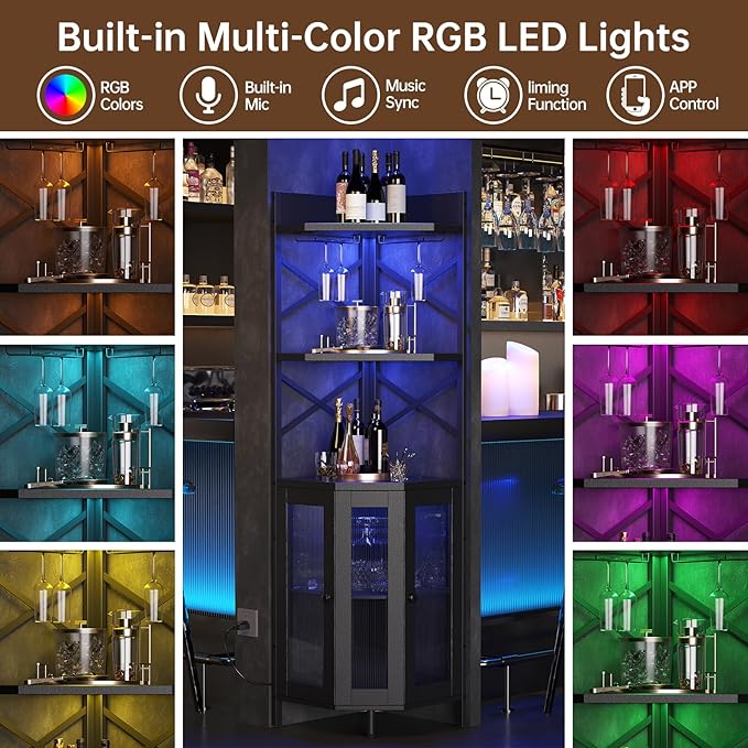 Corner Bar Cabinet with Power Outlet, 5-Tier Corner Wine Cabinet with Led Strip and Glass Holder, Industrial Tall Liquor Cabinet Bar Wine Rack for Home，Black