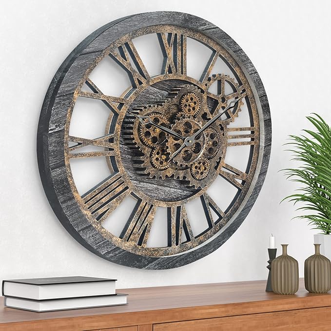 HOIBAI Large Wall Clock, Wall Clocks for Living Room Decor 20 Inch Farmhouse Vintage Rustic Kitchen Wall Decor Vintage Roman Oversized Wall Clock for Home Bedroom House Office, Moving Gears Clock