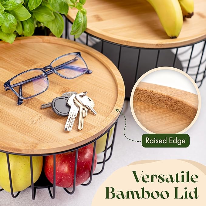 Fruit Basket for Kitchen Counter Set of 3 - Large Stackable Baskets with Bamboo Lid - Perfect Holder For Fruit and Vegetable Storage - Keep Your Countertop Classy, Tidy and Slightly Fruity!