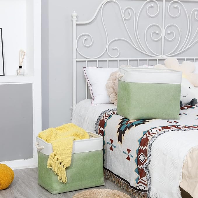 Bidtakay Large Storage Baskets for Nursery Toy Organizer Collapsible Organizing Baskets 17x12x15 In Green Canvas Bins for Organizing Set of 2 Clothes Decorative Baskets for Home Office Room Decor