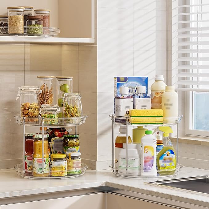 LAMU 2 Pack 10.6'' 2-Tier Lazy Susan Turntable Organizer Rotating Spice Rack Organization for Cabinet, Kitchen, Pantry, Countertop, Bathroom, Vanity, Makeup Organizer, Clear