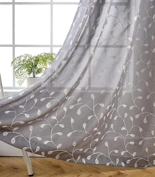 MIUCO Floral Embroidery Semi Sheer Curtains Faux Linen Grommet Curtains for Bedroom 52 x 63 Inch 2 Panels, Grey