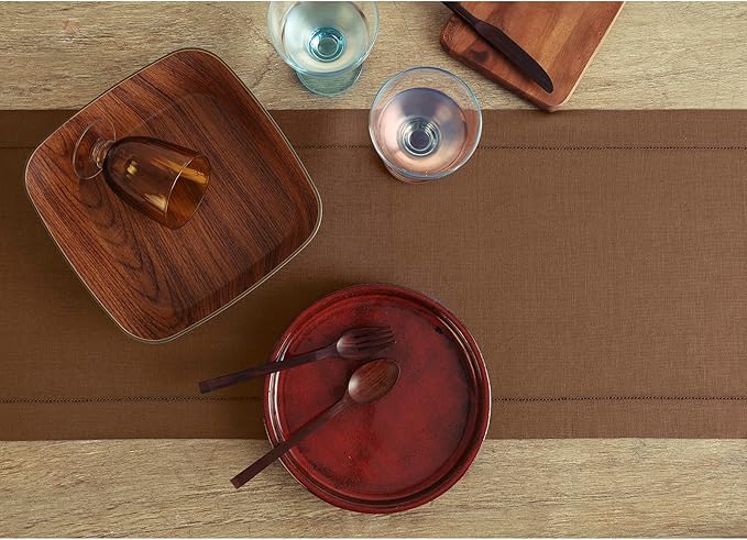 Solino Home Linen Brown Table Runner 72 Inches Long - 100% Pure Linen Hemstitch Table Runner 14 x 72 Inch for Dresser, Dining, Fall, Autumn, Thanksgiving - Classic Hemstitch