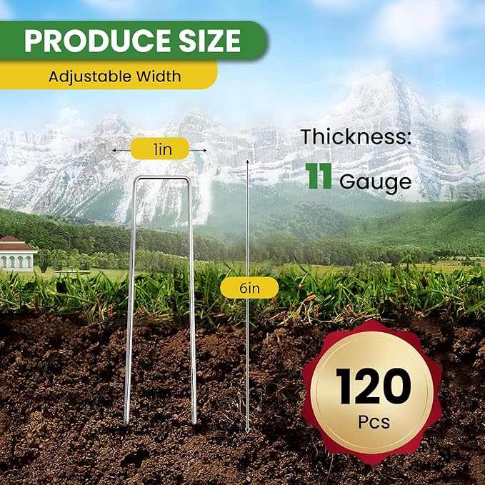 Landscape Staples 6 Inch 120 Pack, Garden Stakes Galvanized Garden Staples 11 Gauge, Plant Cover Stakes for Lawn Weed Barrier