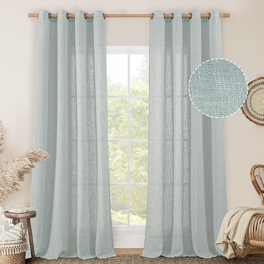 LAMIT Living Room Linen Curtains 95 Inch for Bedroom, Bronze Grommet Linen Textured Sheer Curtains Light Filtering Burlap Drapes for Farmhouse, 2 Panels, 52 x 95 Inch, Greyish Blue