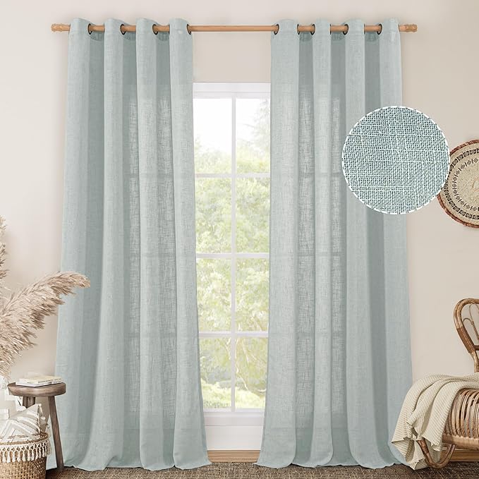 LAMIT Living Room Linen Curtains 90 Inch for Bedroom, Bronze Grommet Linen Textured Sheer Curtains Light Filtering Burlap Drapes for Farmhouse, 2 Panels, 52 x 90 Inch, Greyish Blue
