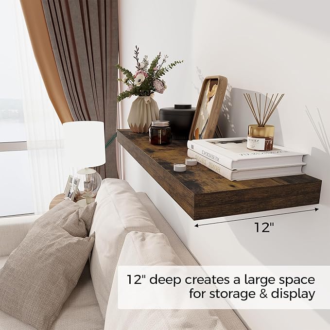 Floating Shelves 36 Inch Long, 12 Inch Deep Floating Shelves for Wall, 36 x 12 Shelves for Wall Storage & Display, 2" Thick Floating Shelf for Bathroom, Living Room, Rustic Brown Color, Set of 1