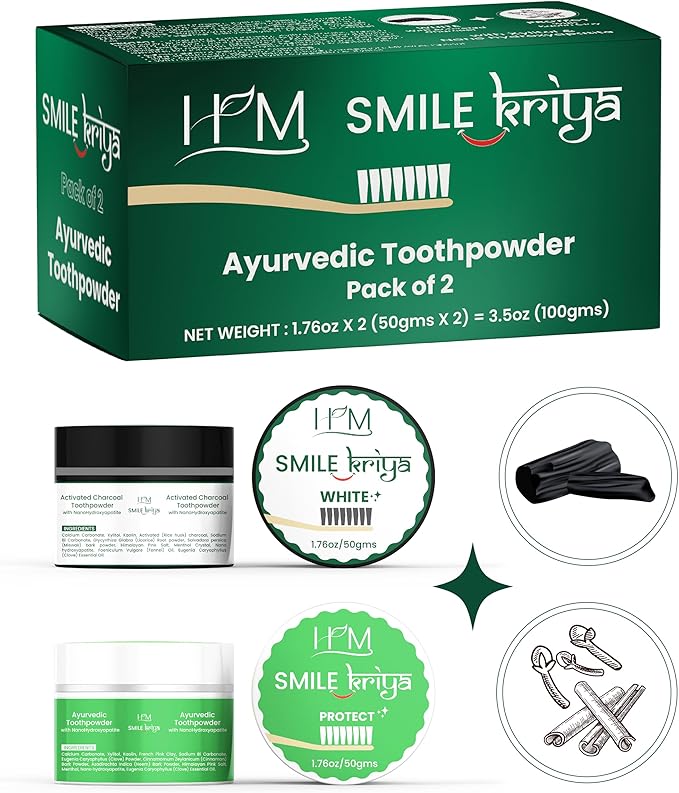 HM - Smile Kriya Ayurvedic Toothpowder Duo (Pack of 2) | Whitens Teeth Naturally, Remineralizes Enamel, Strengthens Gums & Freshens Breath | Activated Charcoal & NanoHydroxyapatite | 1.76 oz X 2
