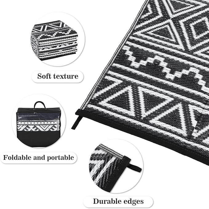 GAOMON Outdoor Rug Waterproof 8'x10', Reversible Outdoor Plastic Straw Rug, Boho Patio Rug, Indoor Outdoor Carpet, RV Mat Outside for Patio, Camp, Picnic, Balcony, Deck, Black/White(Bohemia)