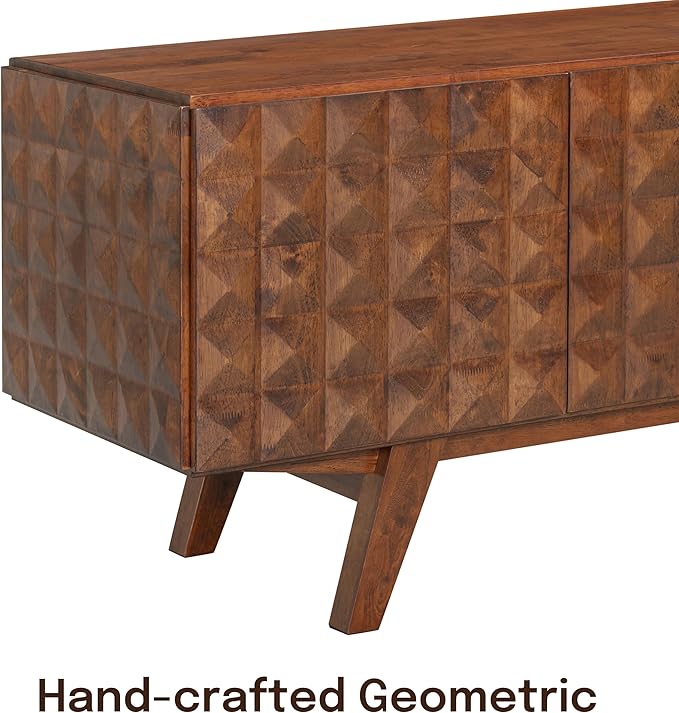 NTC Sapa Mid-Century Modern Solid Wood TV Stand 4-Door Media Console with Carved Geometric Fronts for TVs up to 75", Effortless Assembly, Dark Walnut