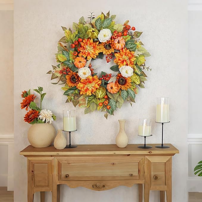 Fall Wreath for Front Door, 24 Inch Autumn Wreath with Pumpkins, Peony, Sunflowers & Dahlias, Fall Decorations for Home, Artificial Flowers Harvest and Thanksgiving Indoor & Outdoor