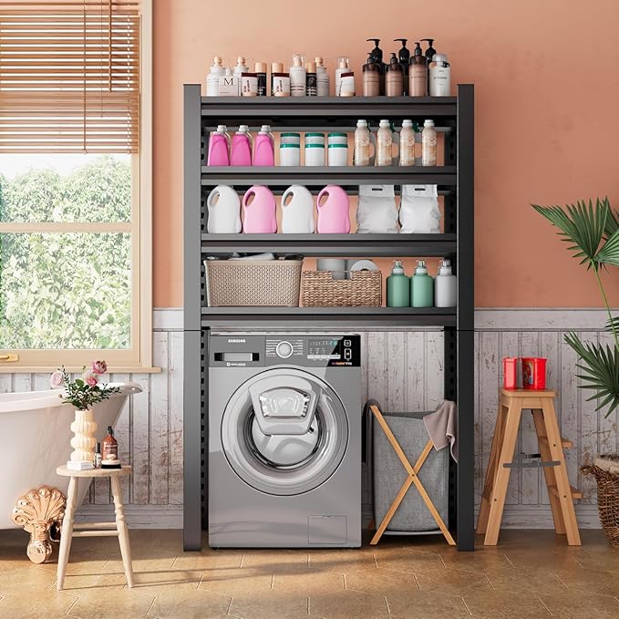 Over Washer and Dryer Shelves,4 Tiers Laundry Room Standing Shelf,Laundry Room Storage Organization,Adjustable Metal Shelving Unit,35" W x 12" D x 63" H, Black