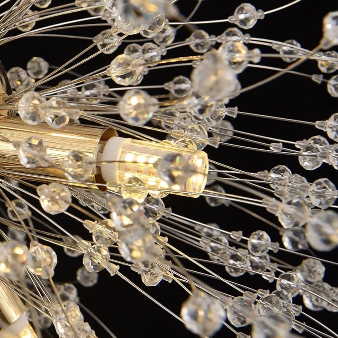 Modern Dandelion Chandelier, Sputnik Crystal Beaded Ceiling Lamp with Gold Finish, Round Sunflower Pendant Light Fixtures for Dining Room Bedroom Foyer Farmhouse (Gold 12Lights)