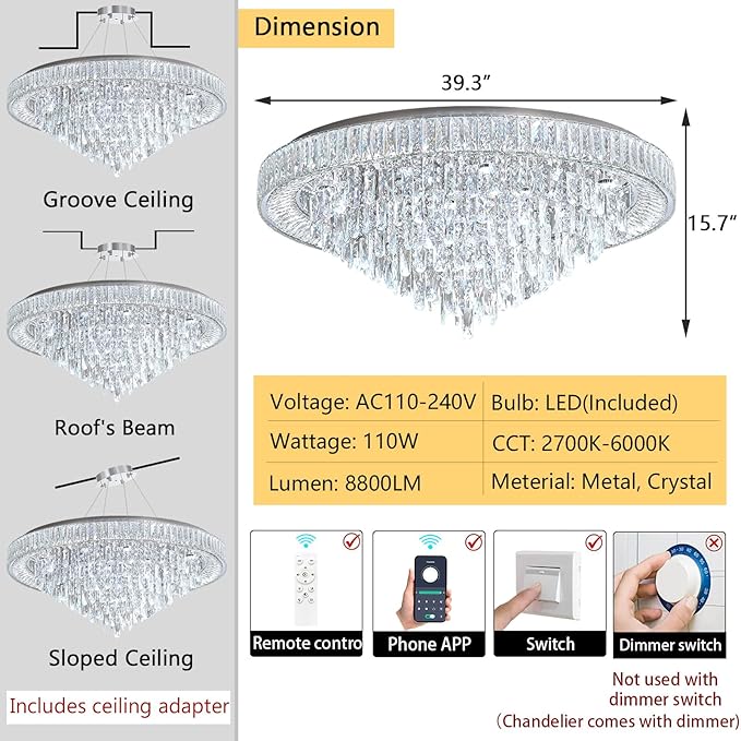 Crystal Chandeliers Modern LED Dimmable Flush Mount Ceiling Chandeliers for Living Room High Ceiling Entrance Foyer Bedroom Dining Room