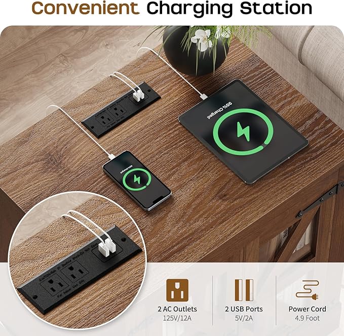 Farmhouse Side Table with Storage Cabinet, End Table with Adjustable Shelf, Night Stand, Wood Nightstand with Charger Station, 24 End Tables Living Room, Rustic Bed Side Tables Bedroom, Walnut