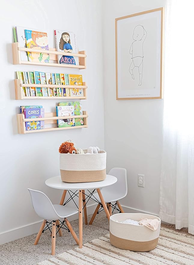 OrganiHaus Set of 3 Woven Storage Baskets for Organizing, Cotton Rope Organizer Bins for Shelves, Closet & Nursery, Dog Toy Basket, Decorative Bins for Toys, Towels & Books - 15x10x9, Honey/Off-White