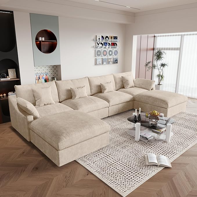 JACH U-Shaped Sectional Couches for Living Room, Cloud Sectional Couch with Deep Seat, 155.9" Modular Sofa with Chaise, Covers Removeable & Washable, Sofas Furniture for Living Room, Khaki