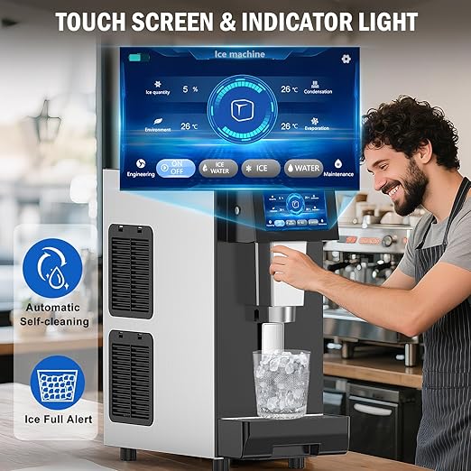 Nugget Ice Maker Countertop, 60LBS/Day with 5LBS Storage Bin, Water Dispenser Countertop Ice Maker Machine Stainless Steel, Soft Chewable Pellet Ice Machine for Home Bar Kitchen Office, Self-Cleaning