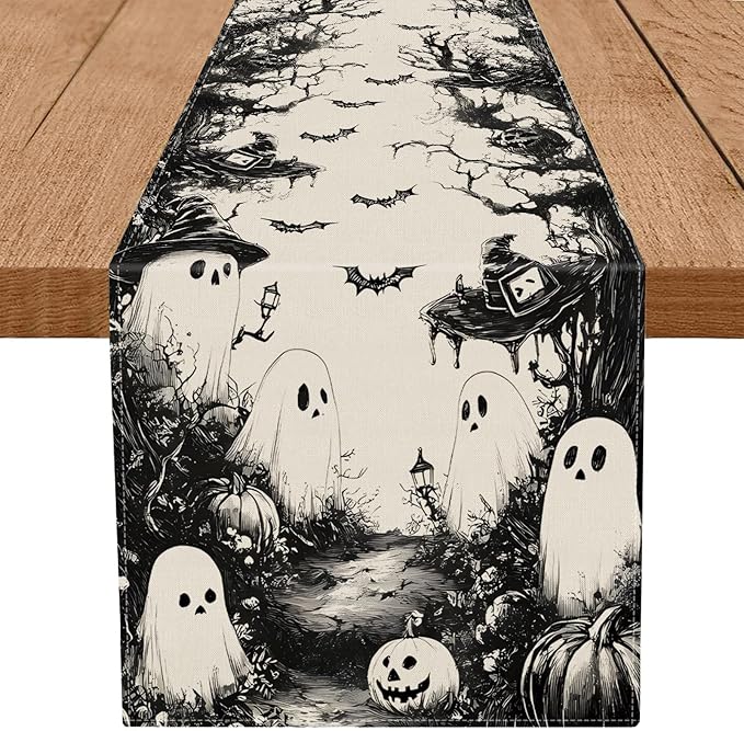 GPGHE Halloween Table Runner Black Ghost Holiday Burlap Table Decoration Indoor Outdoor Home Decor Party Supply 13 x 60 Inch