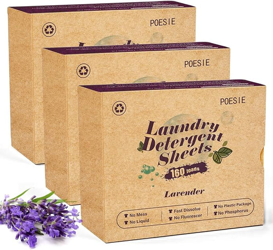 Poesie Laundry Detergent Sheets Lavender Scent 3 Pack 480 Sheets 240 Loads Laundry Strips No Plastic Jug Liquidless Travel Portable Laundry Detergent HE for Camping Dorm Life
