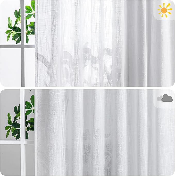 MYSKY HOME Floor to Ceiling Curtains 108 Inches White Sheer Window Drapes 1 Panel for Sliding Glass Door Back Tab Draperies Linen Look Boho Fabric, Soft Cotton Blend Light Filtering for Living Room