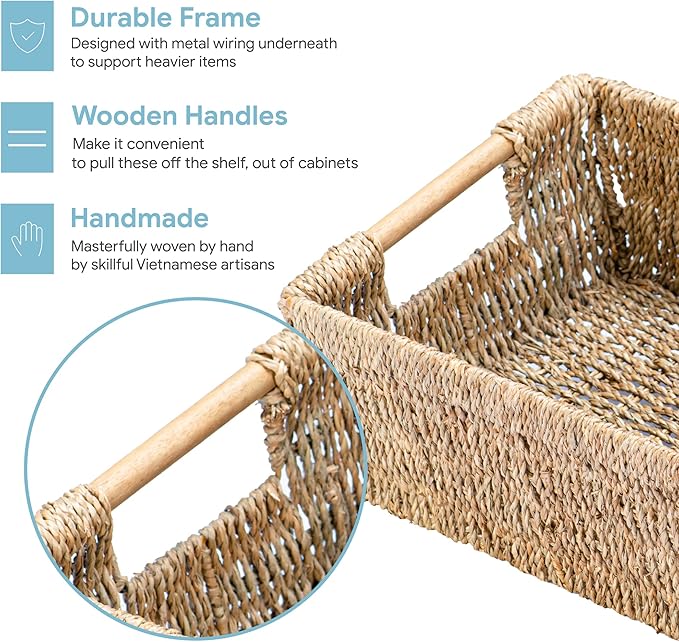 Natural Seagrass Storage Basket with Handle, Rectangular Woven Organizer Bin for Living Room or Shelf, Decorative Storage Basket, Medium Size 13.4 x 9.3 x 4.9 Inches