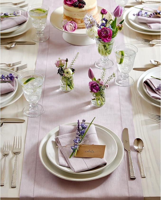 Solino Home Linen Lilac Table Runner 90 Inches Long - 100% Pure Linen Hemstitch 14 x 90 Inch Table Runner for Dining - Classic Hemstitch
