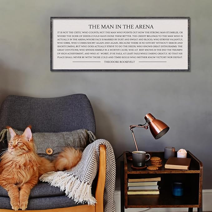 LuZhiQiang The Man in the Arena Wall Decor 32''x12'' Inspirational Quotes Office Wood Framed Sign Rustic Home Motivational Art For Man Entrepreneur Morden Living Room Wall Hanging Decor (Black)