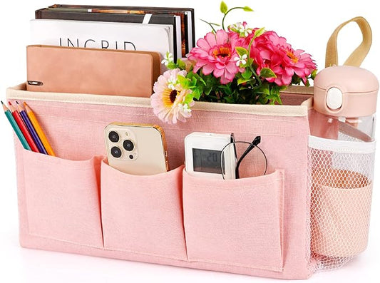 Bedside Organizer with Fixed Straps and Water Bottle Holder for Home, College, Dorm, Bunk, Hospital, Crib, Bed Rails - Pink