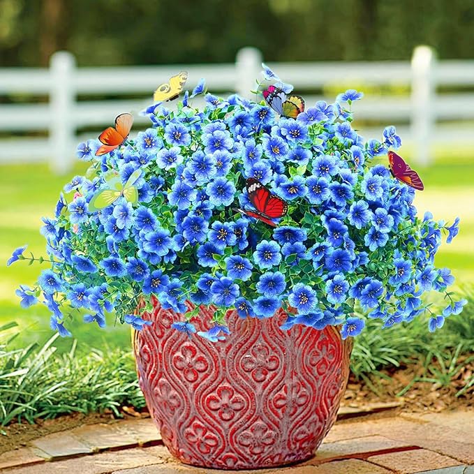 ‌20 Bundles Artificial Flowers for Outdoors‌ with 6 Faux Butterflies, UV Resistant ‌Fake Flowers‌ with Eucalyptus Leaves, ‌Artificial Plants Outdoor‌ for Patio Garden Porch Home Decor (Blue)