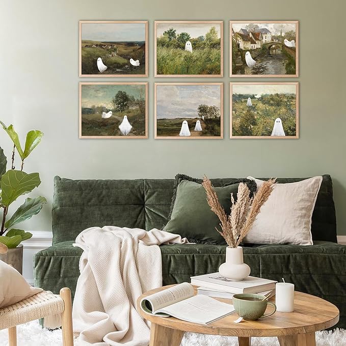 LANCHI95 6 Pcs 8x10 In Halloween Wall Art Prints, Vintage Witch Posters, Cute Ghost Pictures for Bedroom Decor (UNFRAMED)