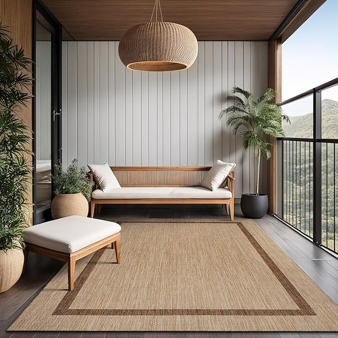 Bordered Outdoor Rug 9x12 Washable Outside Carpet for Indoor Patio Porch Waterproof Easy Cleaning Non Shedding Area Rugs Jute Beige - Nut Brown 9 x 12