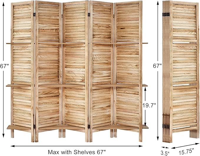 Room Divider with Shelves, Privacy Screen, Room Dividers and Folding Privacy Screens, 5 Panel Wood Temporary Wall Partition Separation Separator, Natural