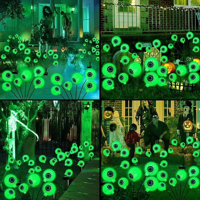 Solar Halloween Decorations, 4 Pack 24 LED Spooky Eyeball Lights, Outdoor Waterproof Solar Green Firefly Lights for Garden Yard Patio Pathway Lawn Halloween Party